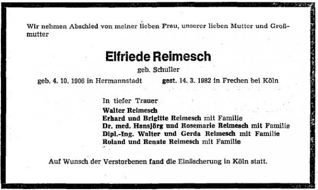 Schuller Elfriede 1906-1982 Todesanzeige